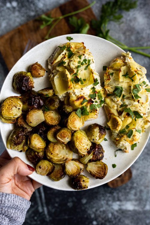Cheesy Artichoke Chicken And Brussels Sprouts