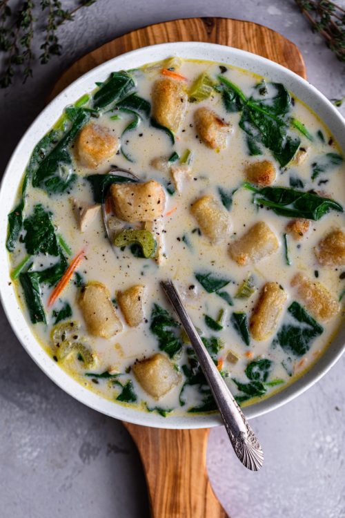 Homemade creamy chicken and gnocchi soup recipe inspired by Olive Garden.