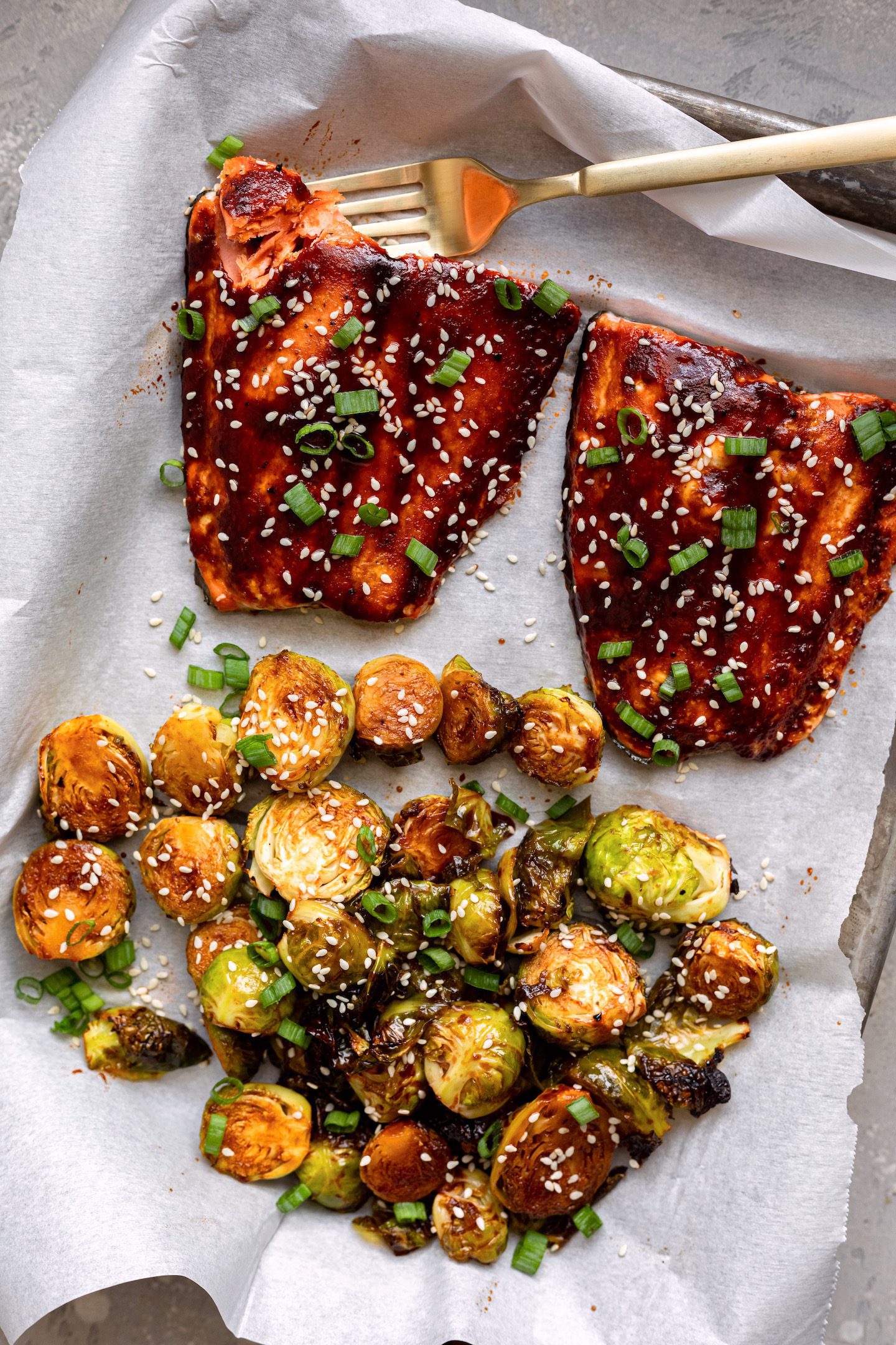Sheet pan Asian BBQ salmon and brussels sprouts 