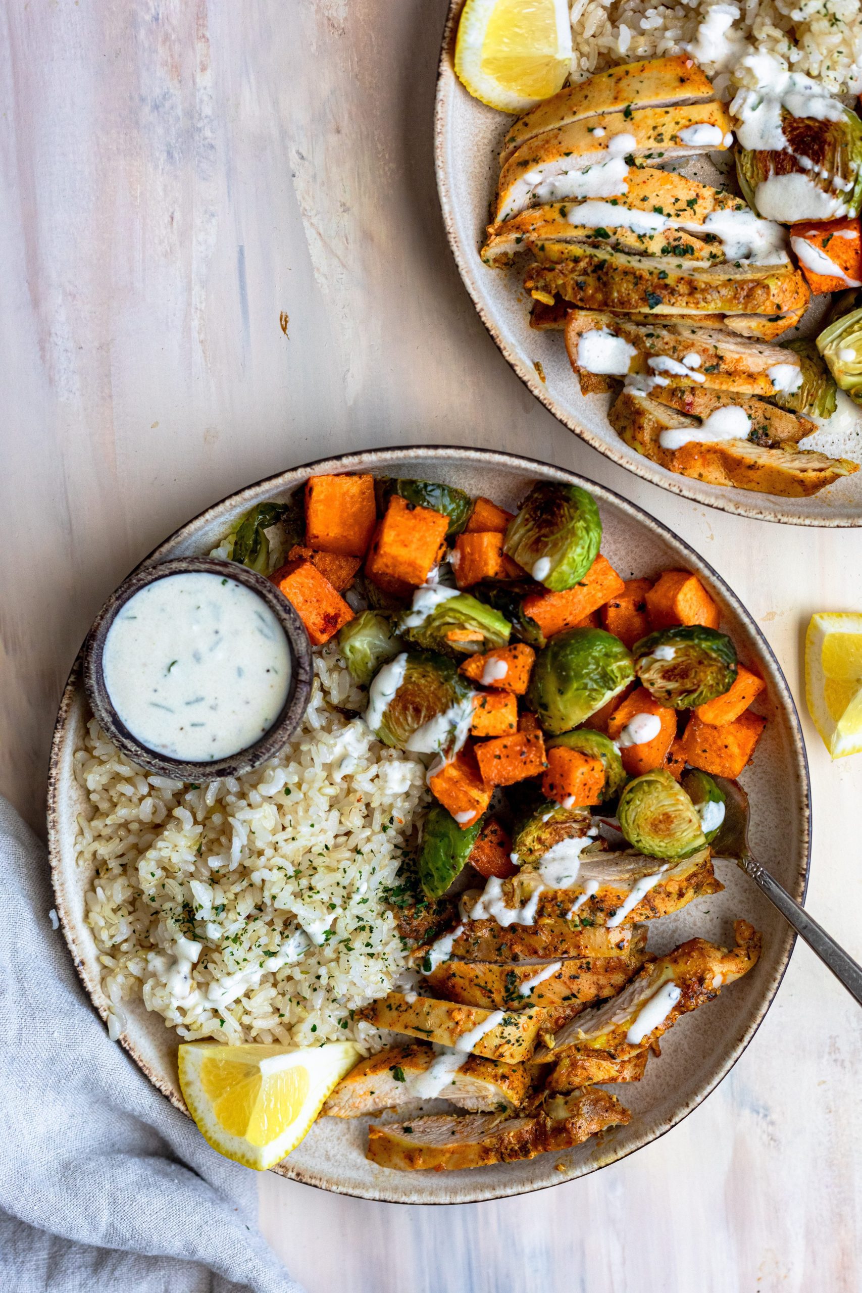 Chicken shawarma bowl with sweet potatoes and Brussels sprouts