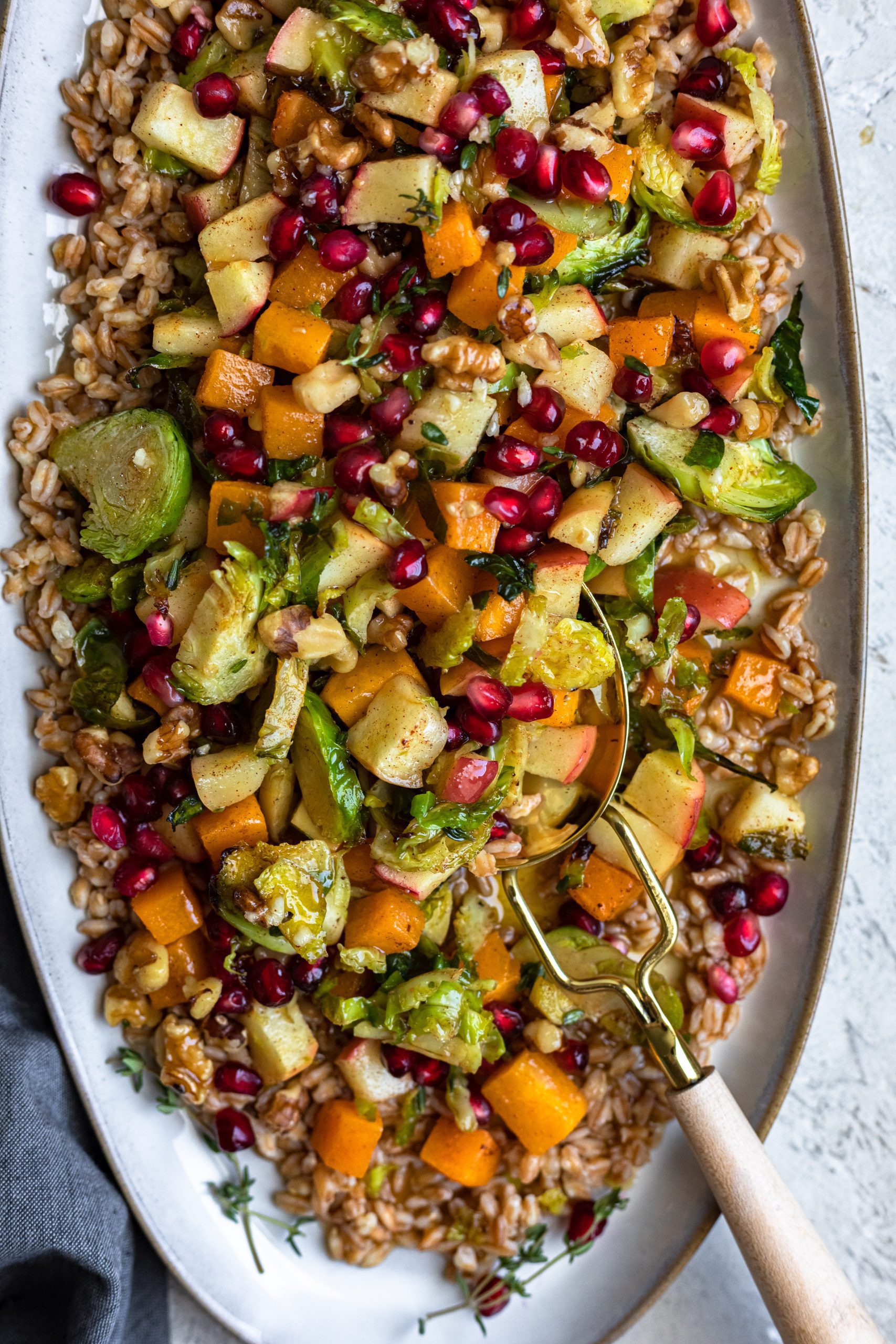 Close up of a fall salad with farro, pomegranate, apple, walnut, squash and roasted Brussels sprouts.