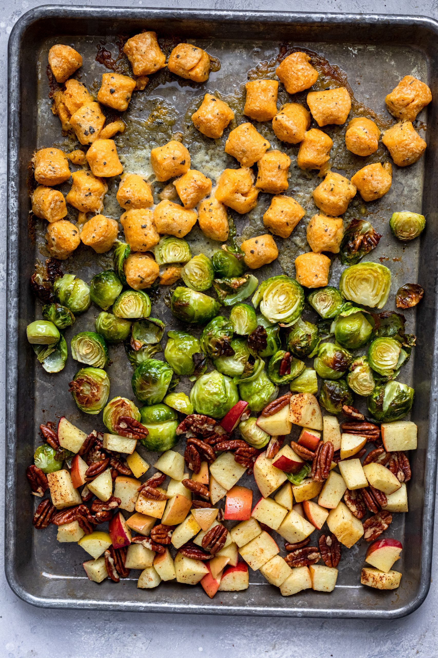 Trader Joe's Sweet Potato Gnocchi Sheet Pan Meal With Apples And Brussels Sprouts
