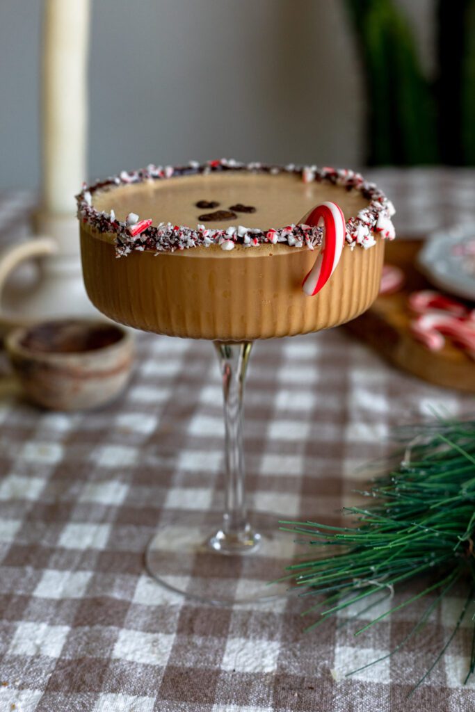 peppermint mocha espresso martinis with a crushed candy cane chocolate rim