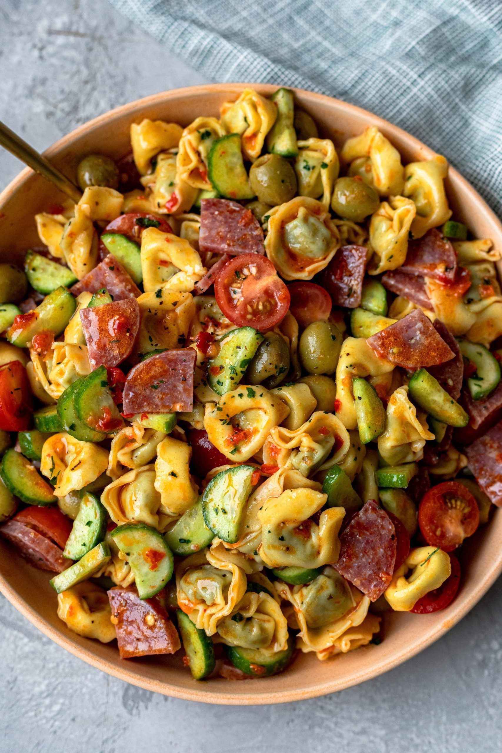 Close up of spicy tortellini pasta salad, showcasing all the ingredients - fresh cucumber, tomato, green olives, salami, pepperoni and cheese filled tortellini.